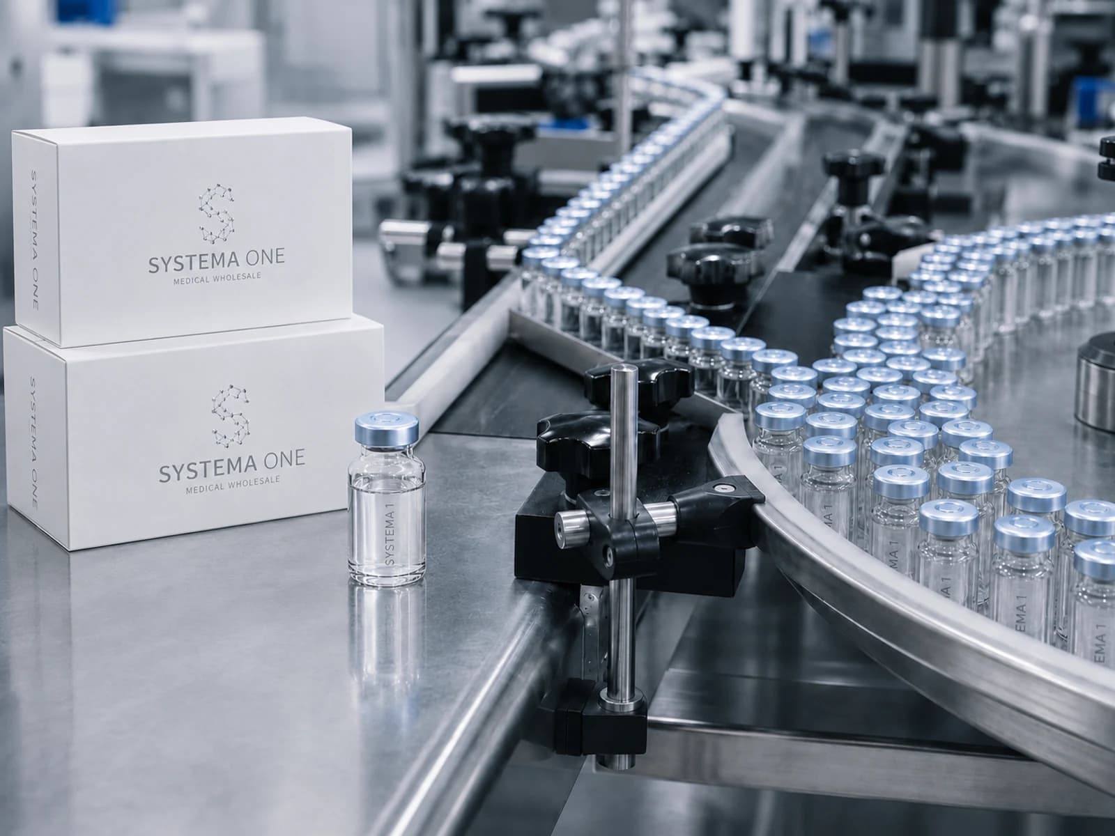 Systema One cases and vials beside a production conveyor